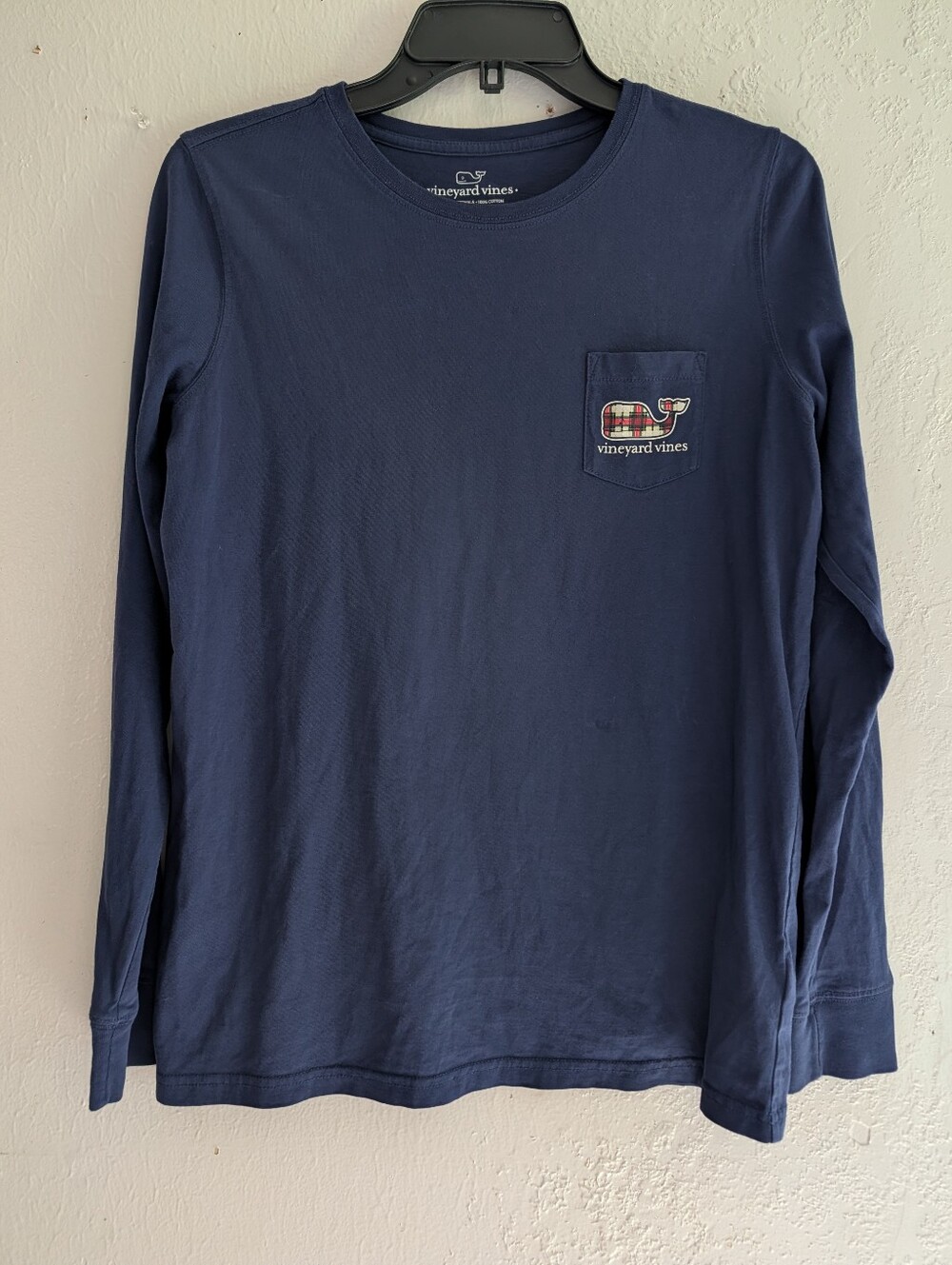 Vineyard Vines Navy Long-Sleeve Pocket Tee with Plaid Whale